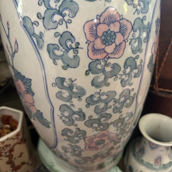 Vintage Blue and White Asian Vase with Pink Floral Accents w Birds 24 inch - Picture 8 of 15